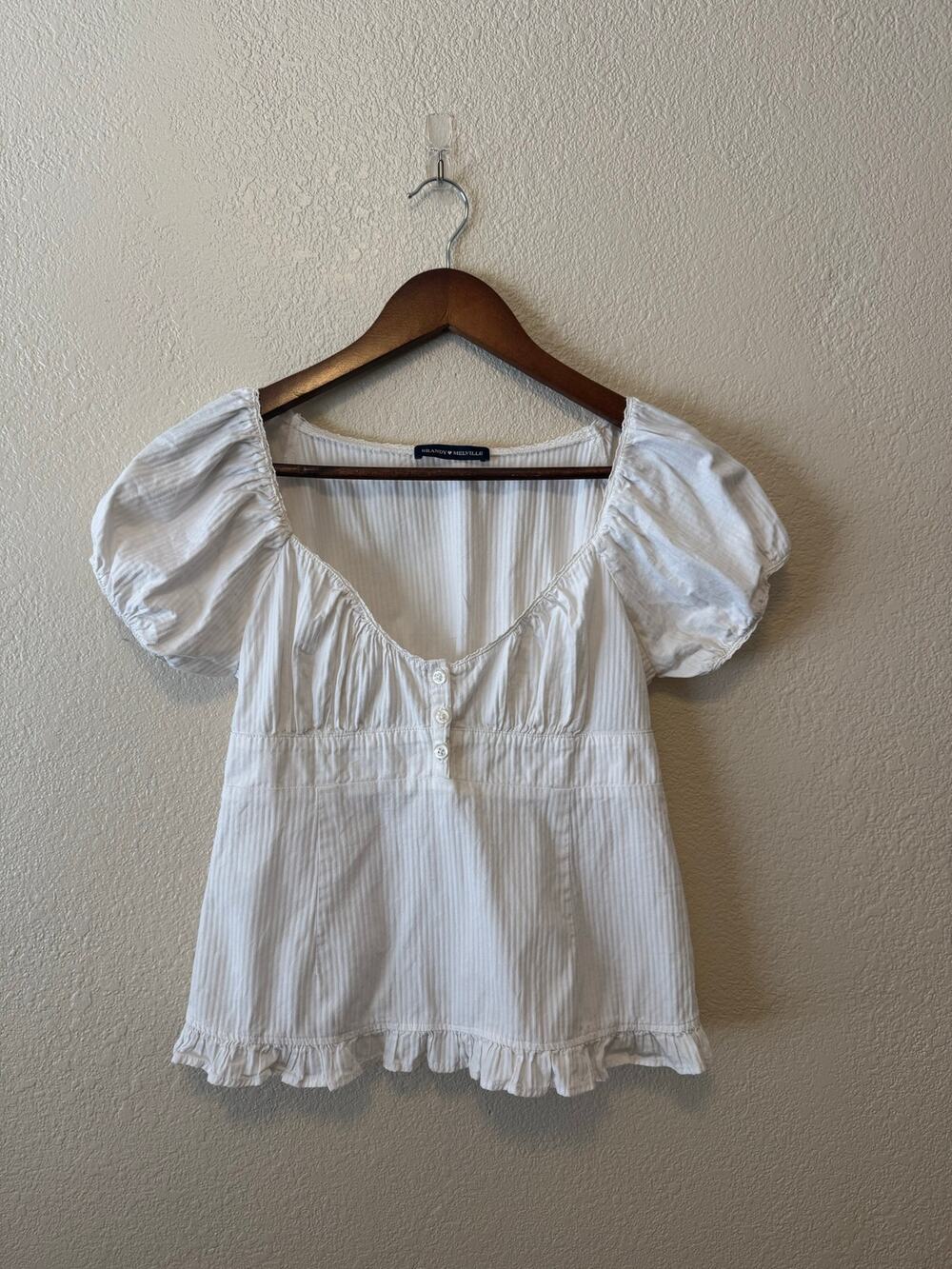 Brandy Melville White Puff Sleeve Babydoll Top One Size